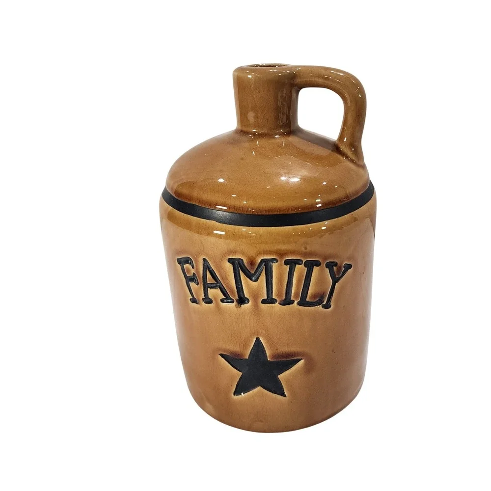 Kips Primitive Crackle Ceramic Jug Family Star Tan Rustic Farmhouse Decor 2009